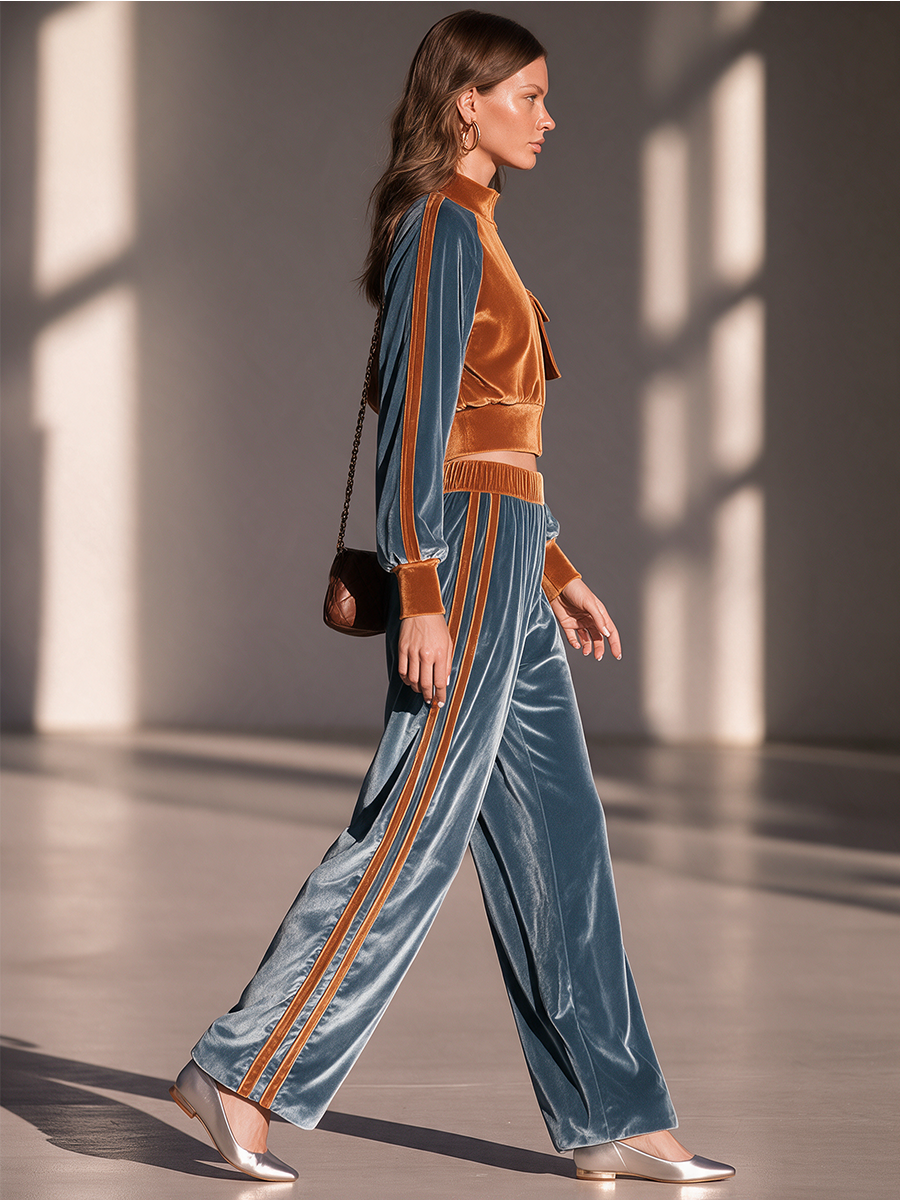 Women's Colorblock Velvet Zip-Front Cropped Jacket & Side-Stripe Wide-Leg Trouser Sporty Set