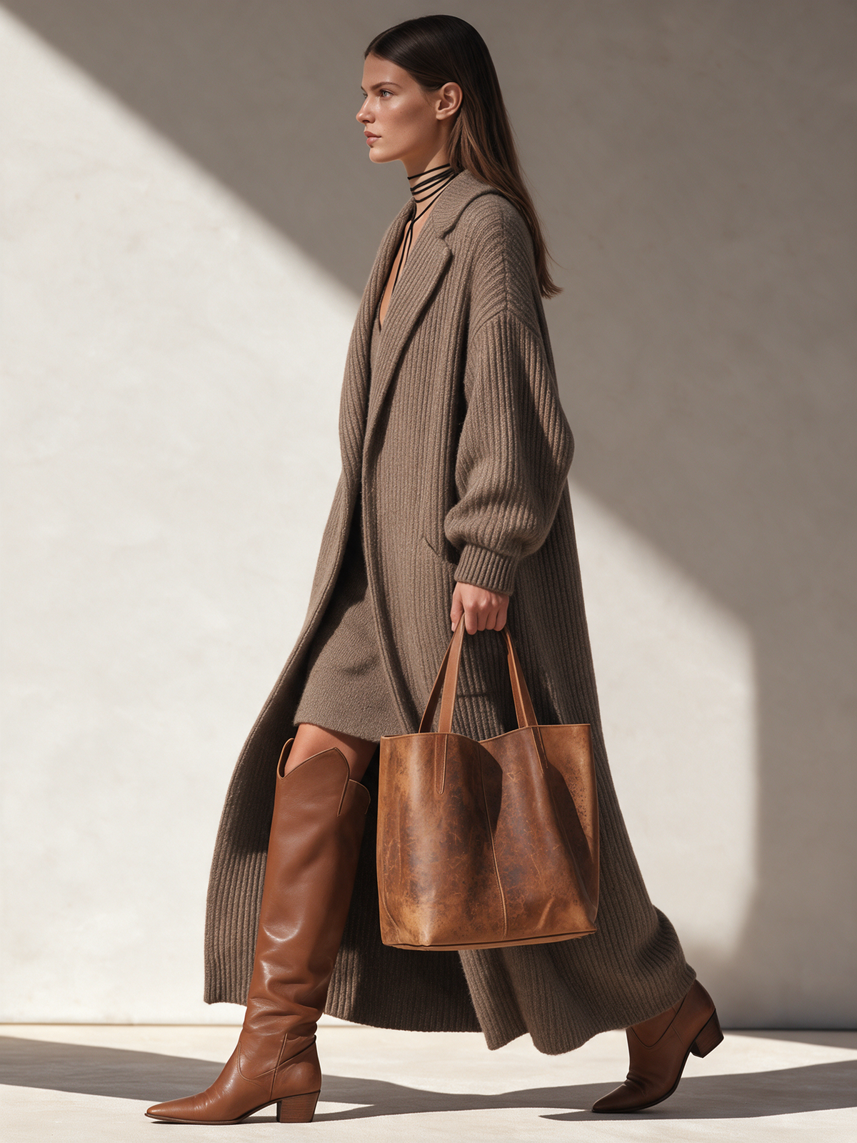 Women's Lapel Drop-Shoulder Blouson-Sleeve Chunky-Rib Open-Front Longline Wool-Knit Coat