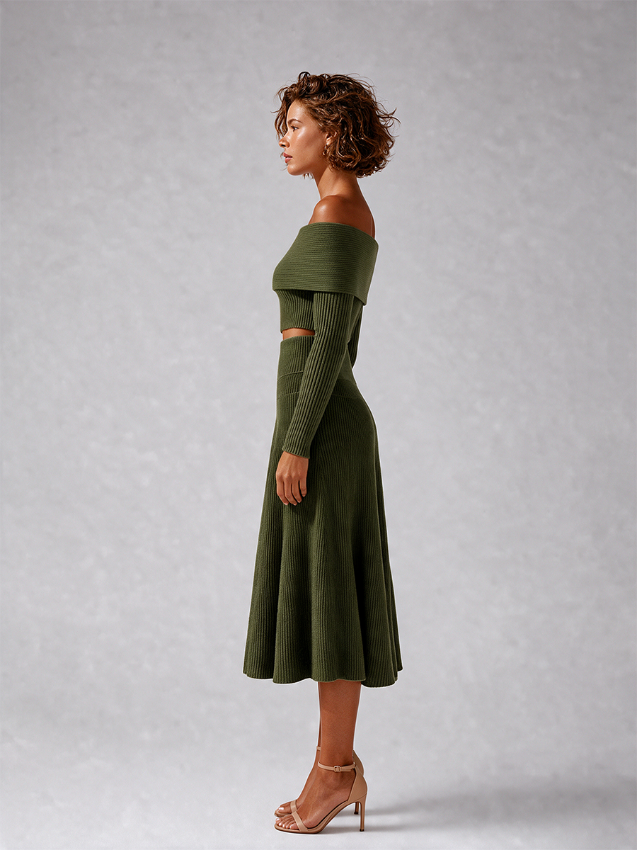 Women's Elegant Green Ribbed-Knit Off-Shoulder Crossover-Neck Long-Sleeve Cropped Top & High-Waisted A-Line Midi Skirt Set MDZ2462G3CMX