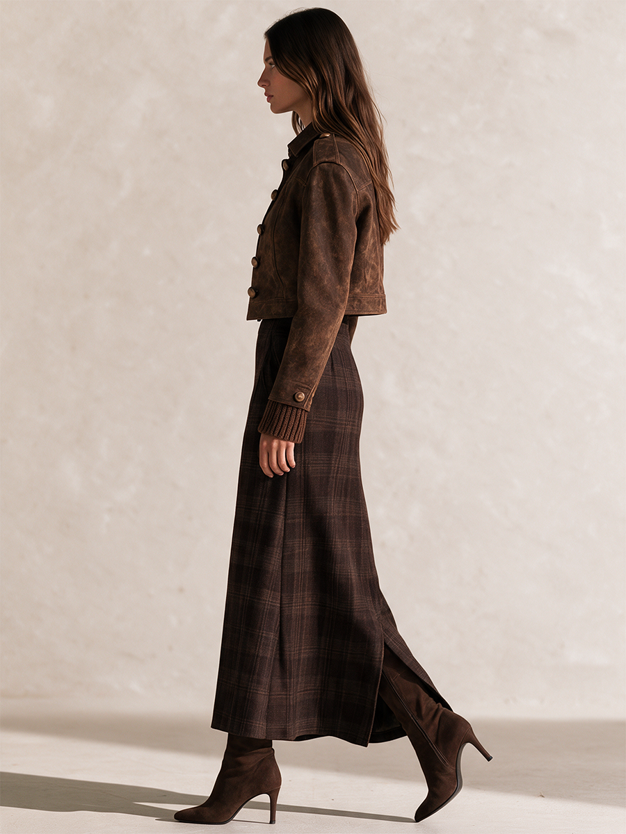 Women's Brown Collared Covered-Button Epaulette Cropped Faux-Suede Jacket