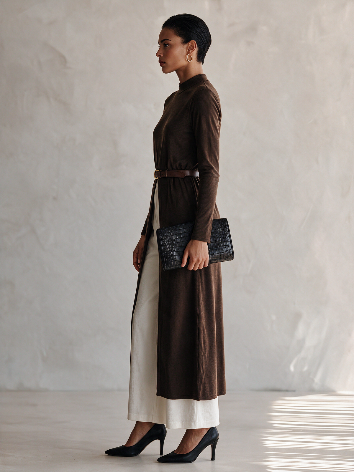 Women's Ribbed Knit Long Top & Cotton-Blend Wide-Leg Pants Set (Belt Not Included) MDZ0730I4ZRK