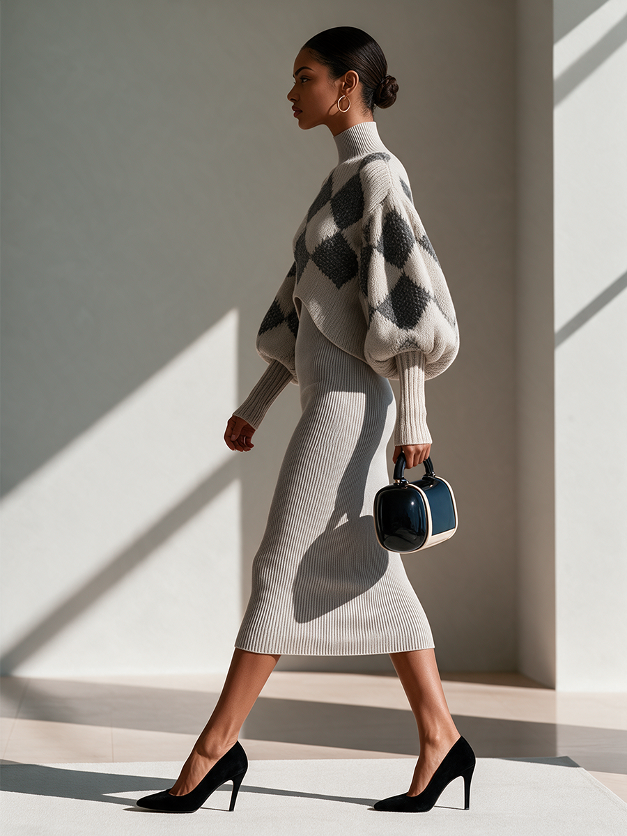 Women's Argyle Jacquard Puff‑Sleeve Cropped Knit Shrug & Sleeveless Cami Rib‑Knit Midi Dress Set