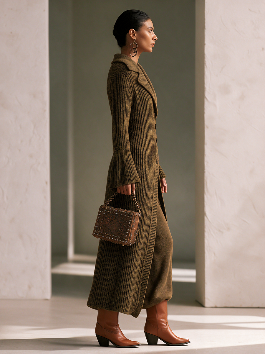 Women's Large Knit Lapel Vertical‑Rib Waist‑Fitted Flare‑Sleeve Long Knit Coat