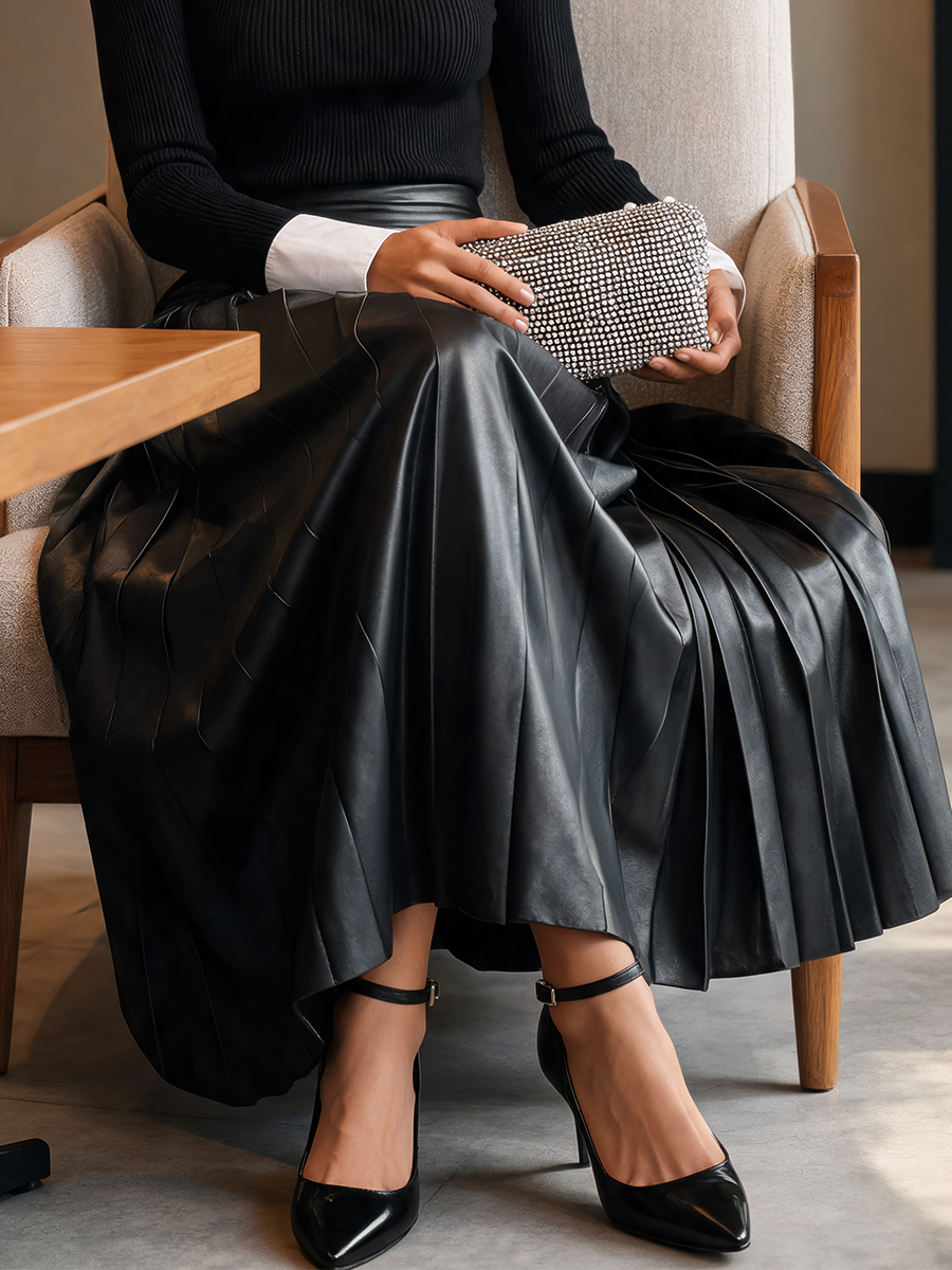 Women's High-Waisted Pleated Leather Skirt MDZ2153H1ZRK