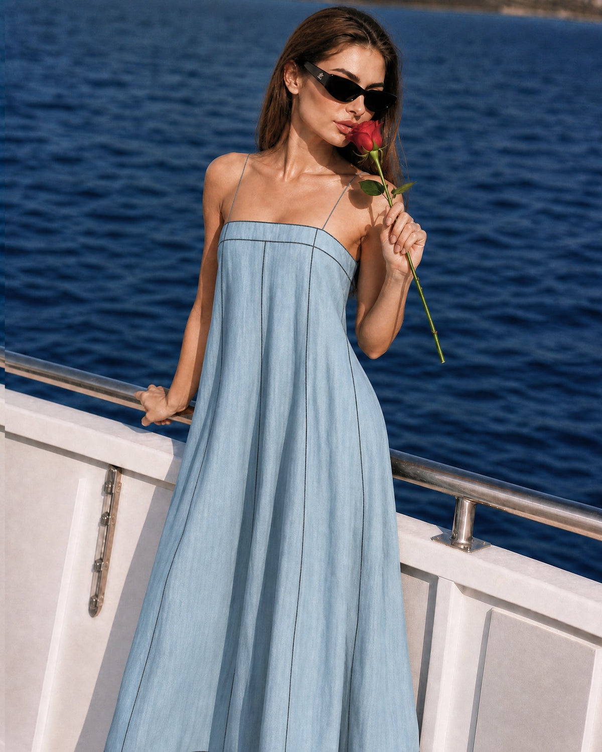 Women's Casual Blue Cotton-linen Sleeveless Camisole Maxi Dress MDZ1660F0LXY