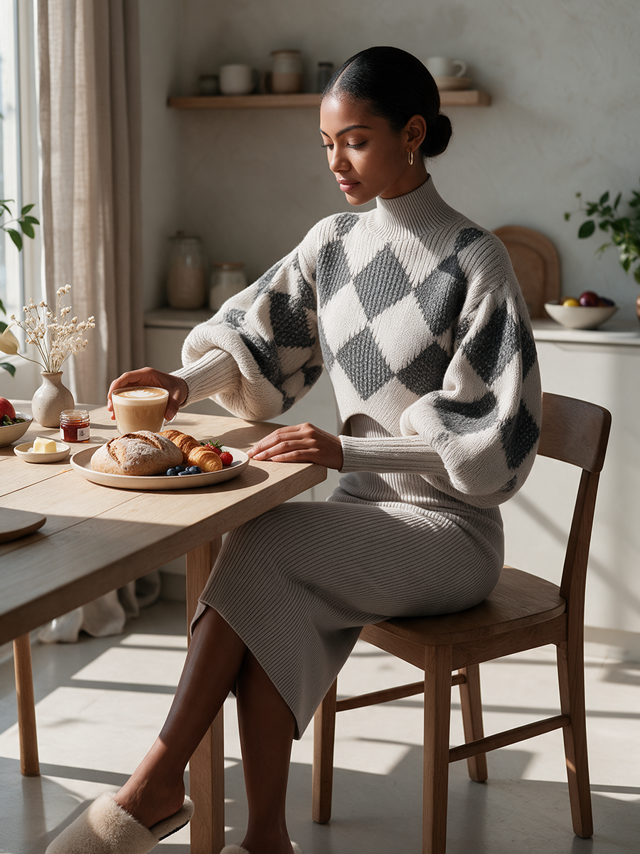 Women's Argyle Jacquard Puff‑Sleeve Cropped Knit Shrug & Sleeveless Cami Rib‑Knit Midi Dress Set
