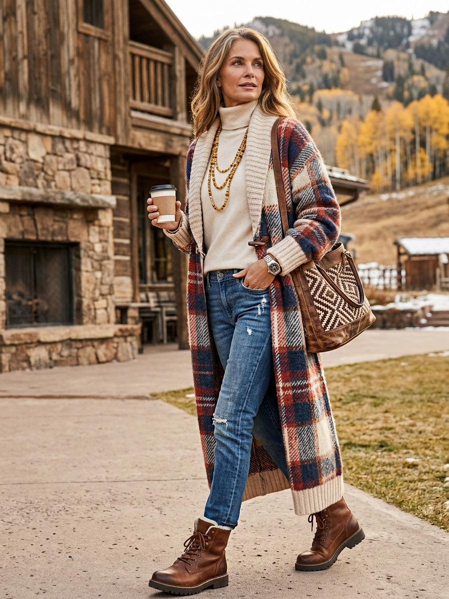 Women's Vintage Plaid Jacquard Shawl-Collar Toggle Cardigan