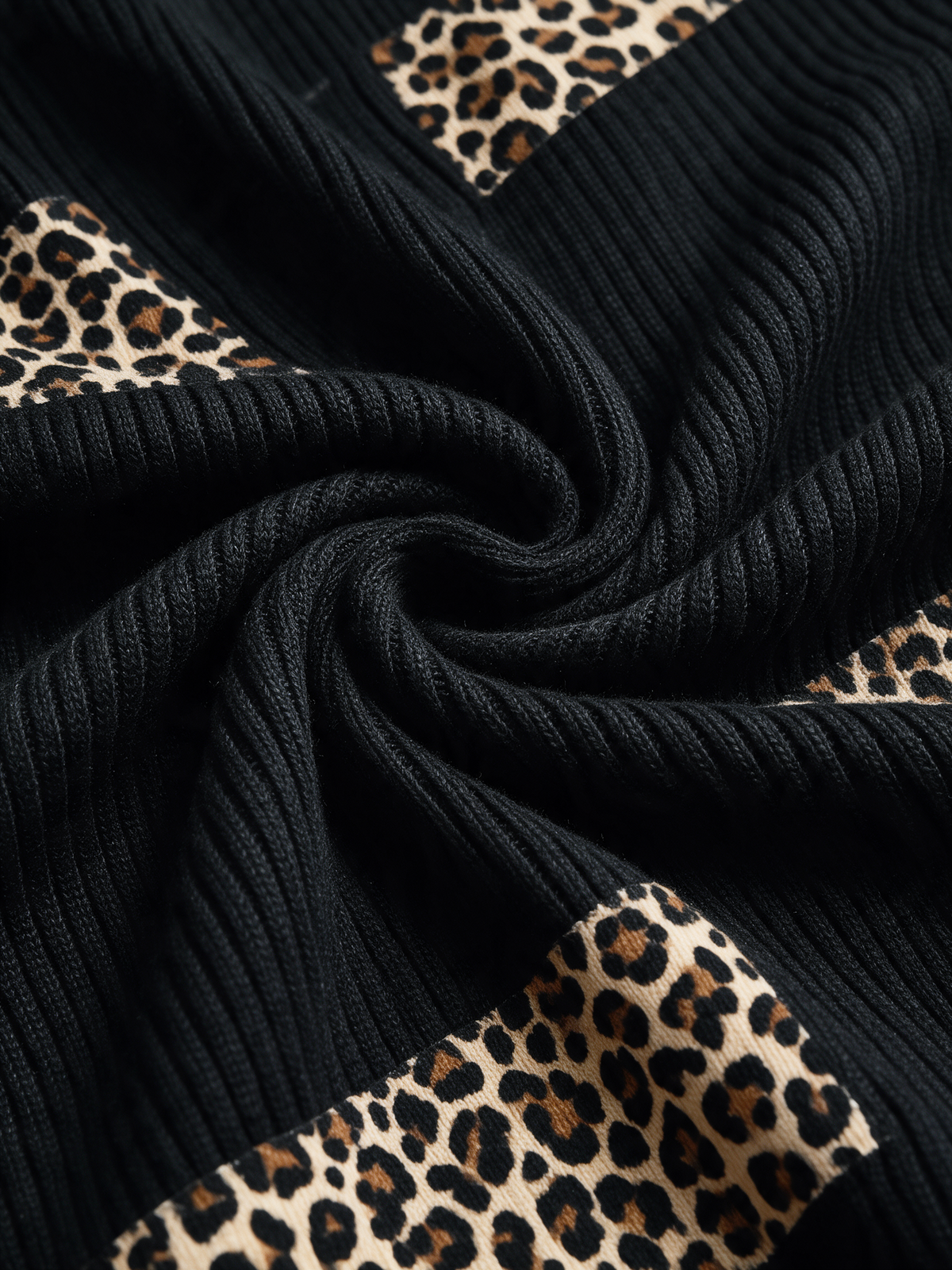 Women's Leopard Trim Ribbed Knit Turtleneck Midi Dress