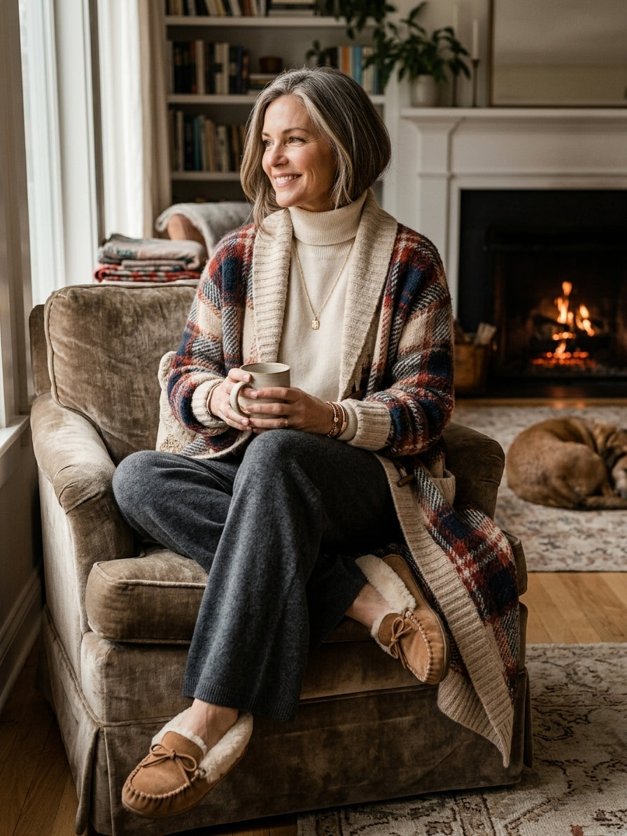 Women's Vintage Plaid Jacquard Shawl-Collar Toggle Cardigan