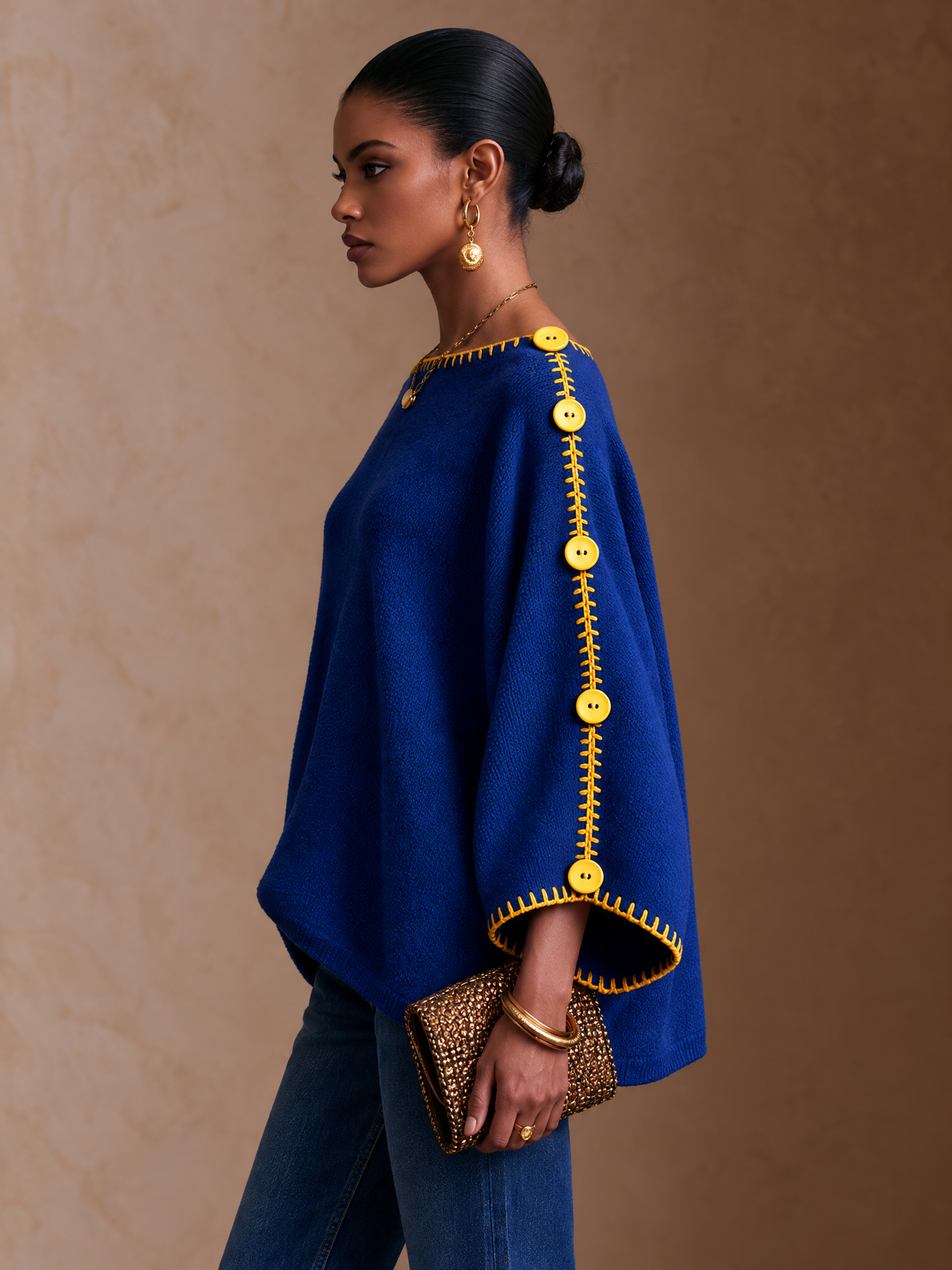 Women's Contrast Stitch Button Casual Long Sleeve Sweater