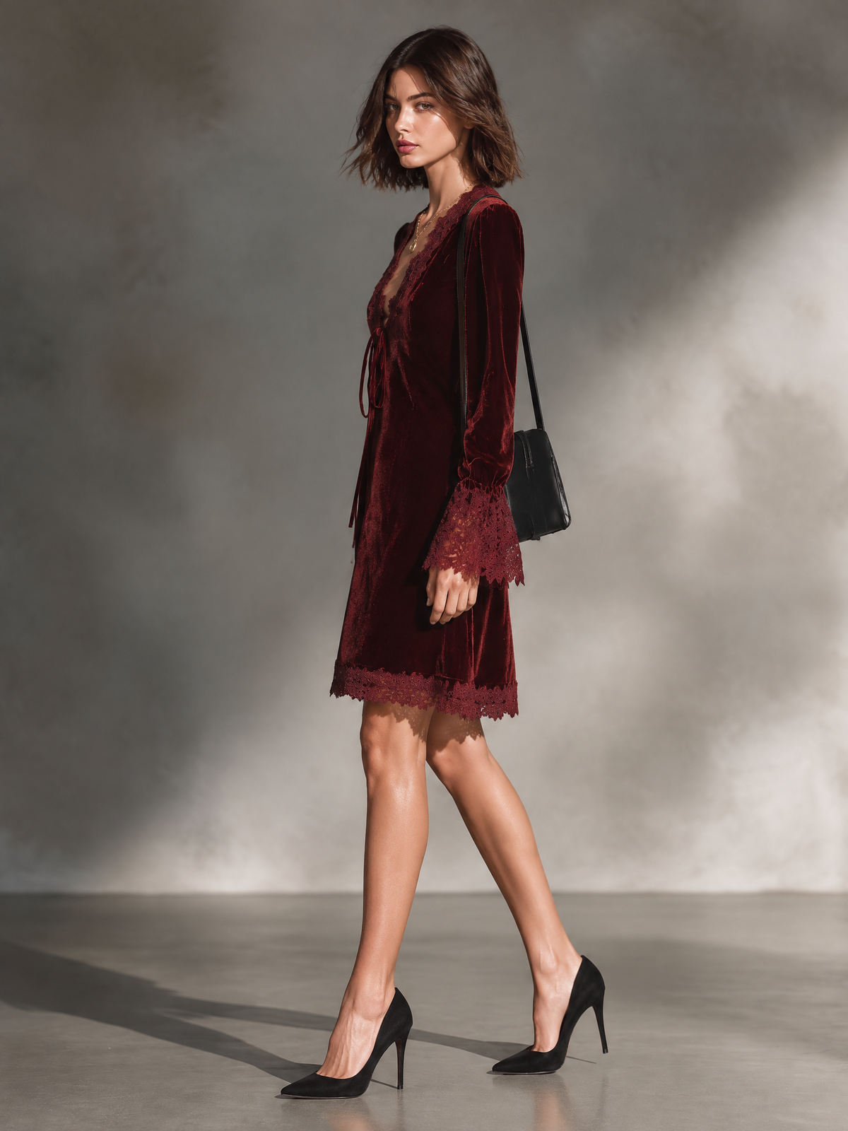 Women's Velvet Lace-Trim Bell Sleeve Mini Dress