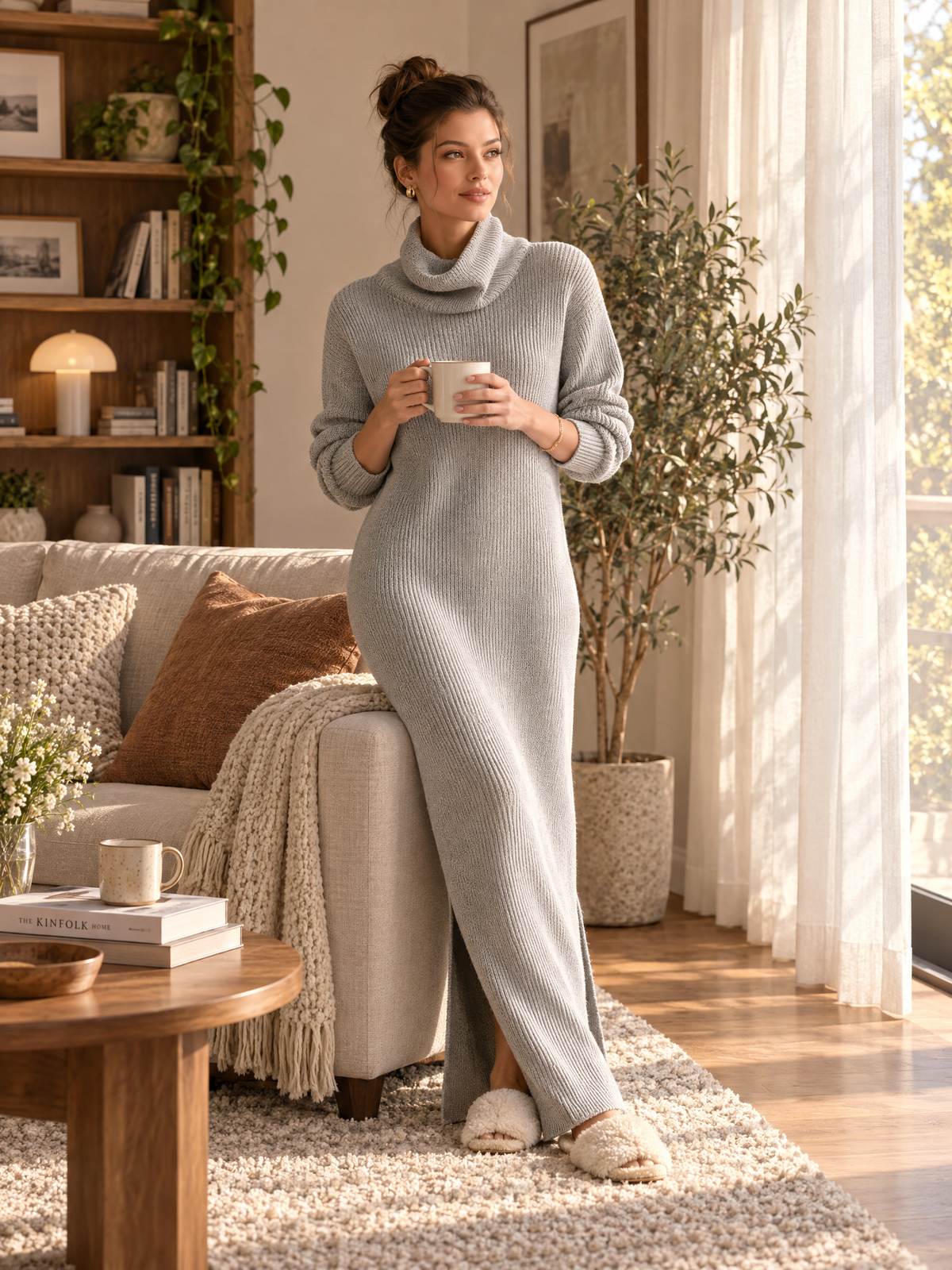 Women's Turtleneck Ribbed Knit Sweater Maxi Dress with Side Slit