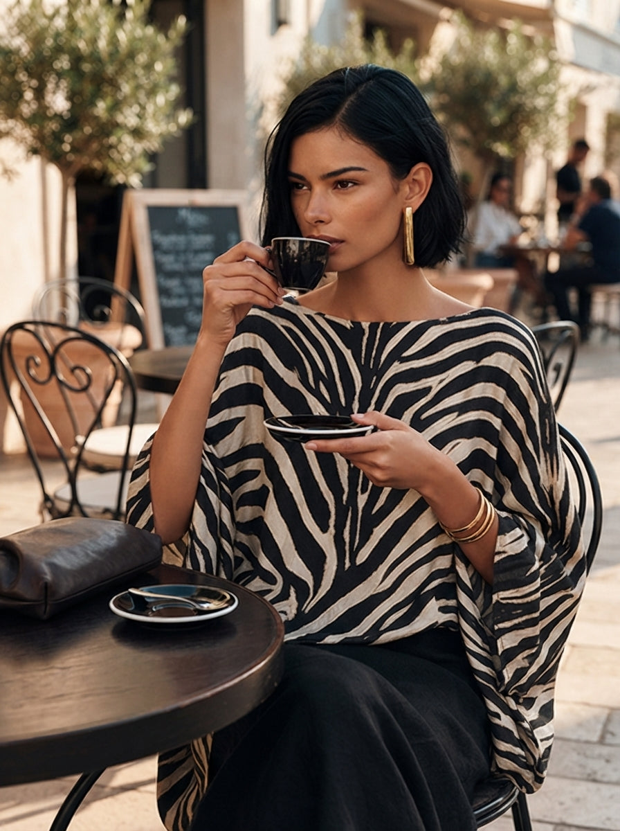 Women's Zebra-Print Asymmetric Hem Cotton-Blend Top MDZ3163H4ZRK