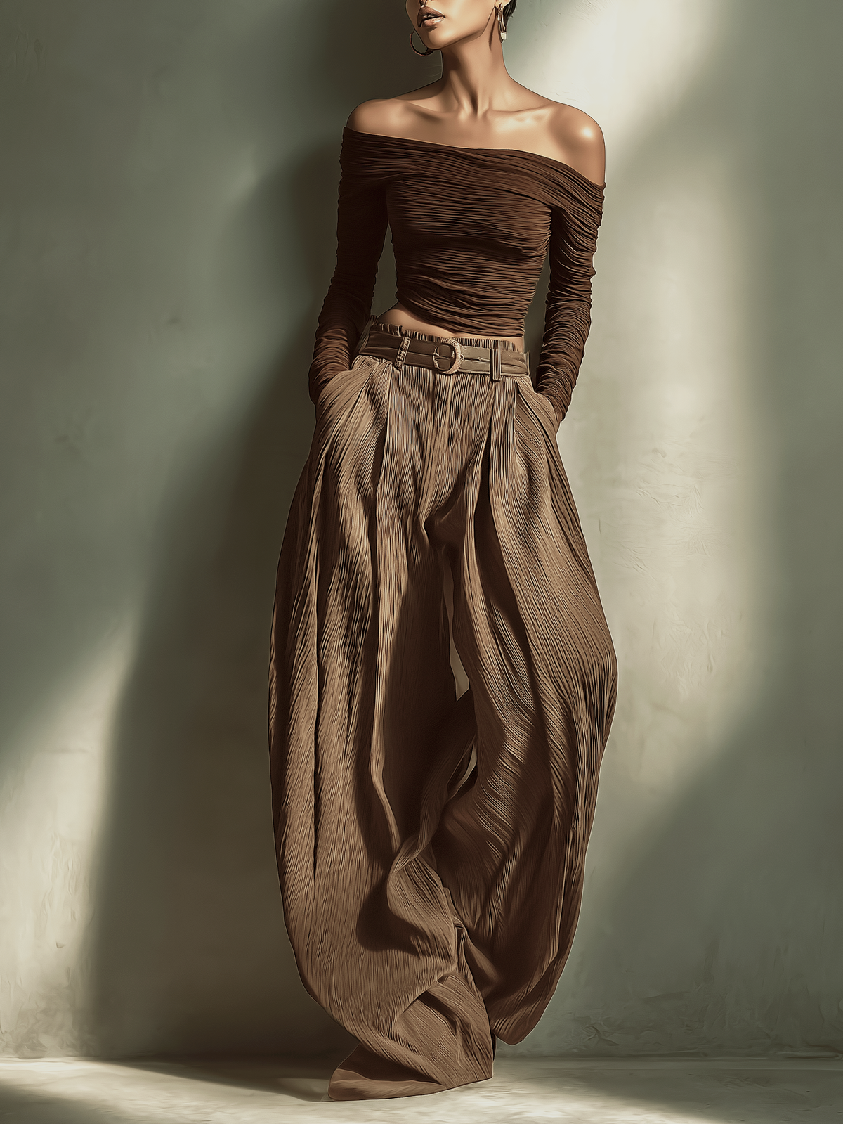 Women's Fashionable And Sexy Dark Brown Off-the-shoulder Long-sleeved Fitted Top MDA2980K0AN