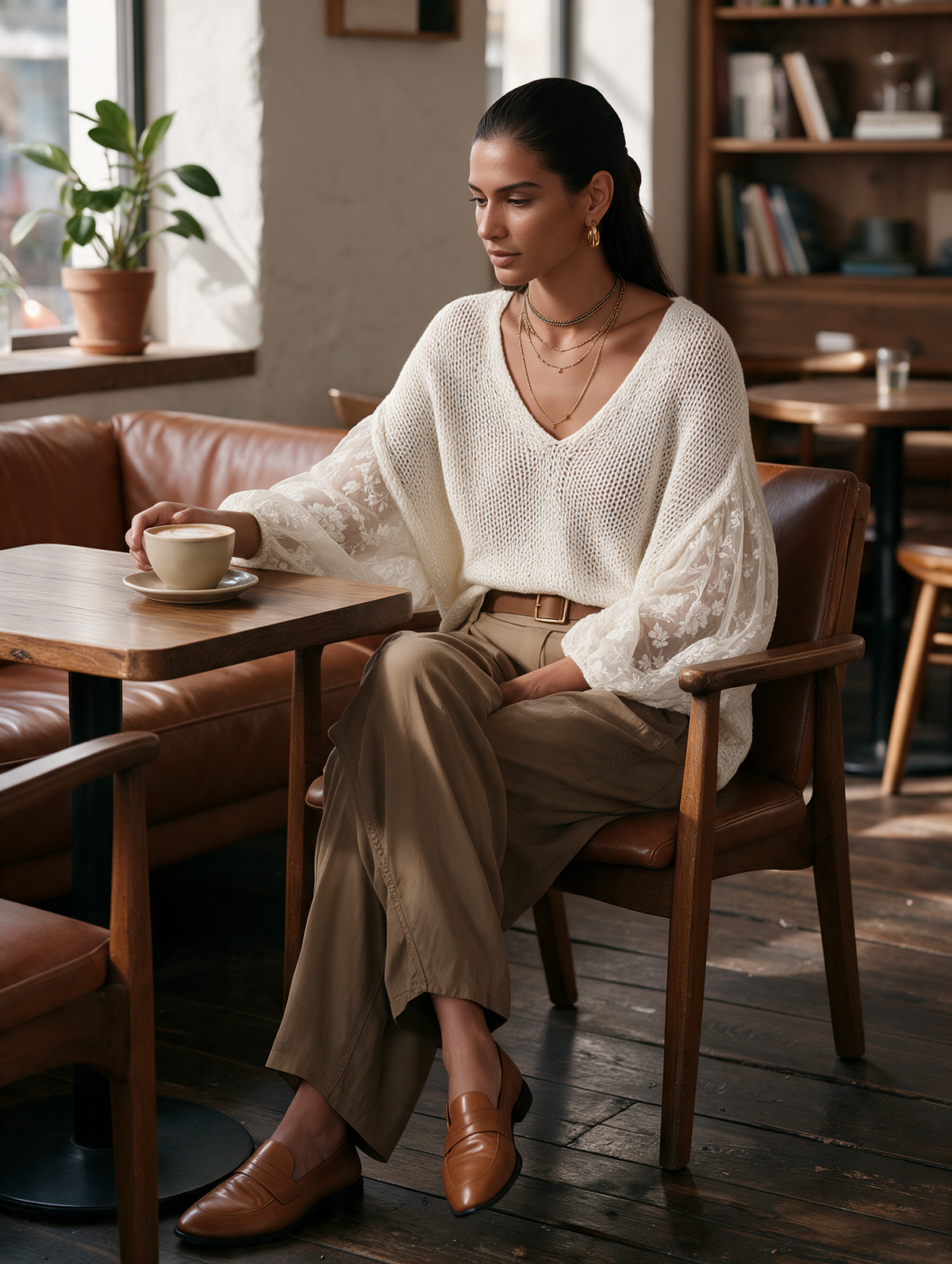 Women's V-Neck Open-Knit Lace-Panel Balloon-Sleeve Relaxed Wool-Knit Top MDZ0433I9CMX