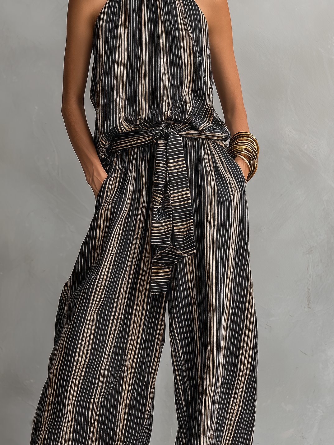 Women's Elegant Striped Printed Woven Round Neck Sleeveless Top Paired With Trousers Set MDZ2706B5AN