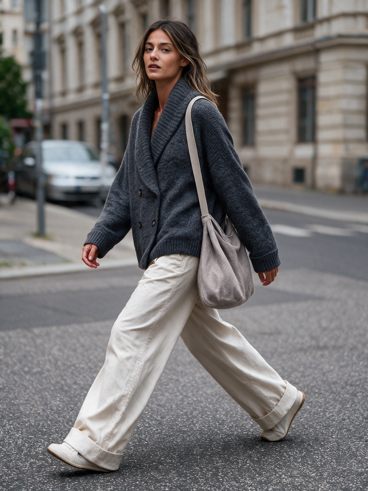 Women's Shawl Collar Double‑Breasted Knit Cardigan & Wide‑Leg Trousers Set