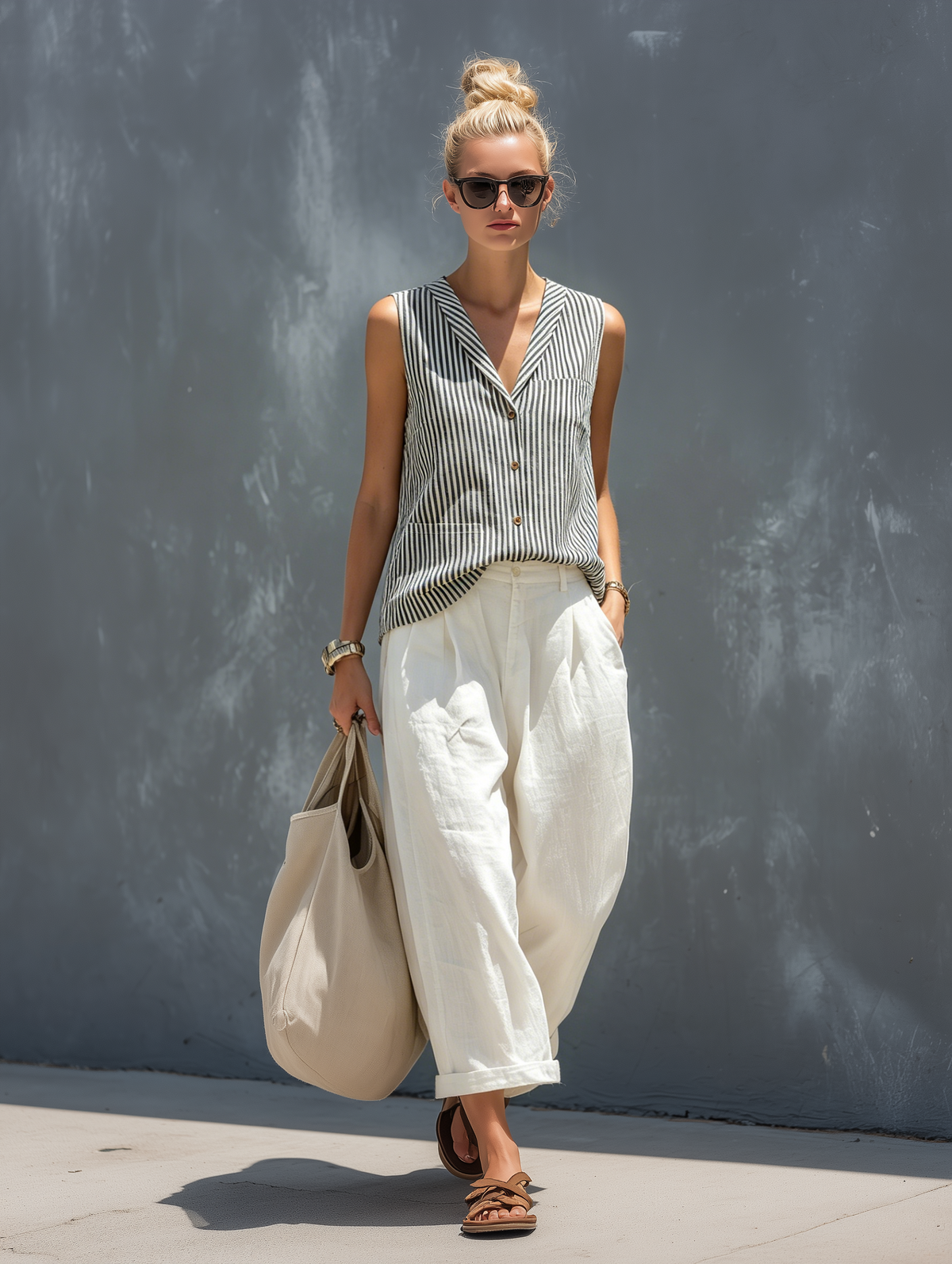 Women's Casual Striped Woven Sleeveless Vest Paired With White Cotton And Linen Trousers Set MDZ2815B5AN